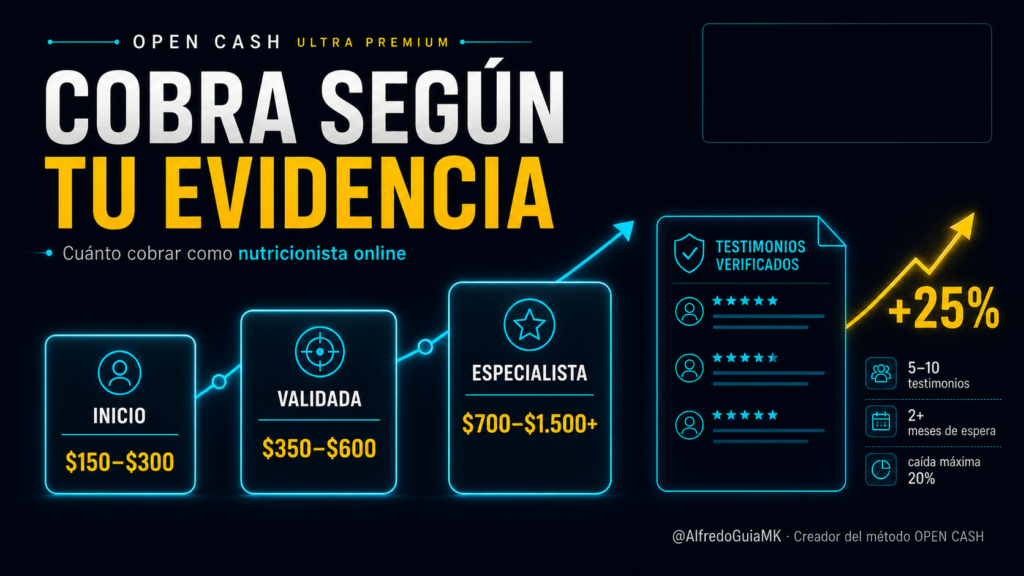 Portada sobre cuánto cobrar como nutricionista online según experiencia, testimonios y especialización