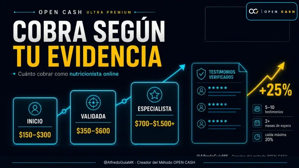 Portada OPEN CASH sobre cuánto cobrar como nutricionista online según evidencia y especialización