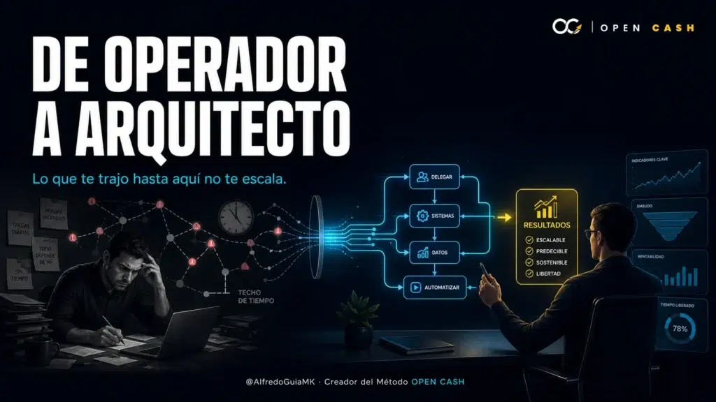 Portada OPEN CASH sobre el cambio de mentalidad de operador a arquitecto para escalar un negocio