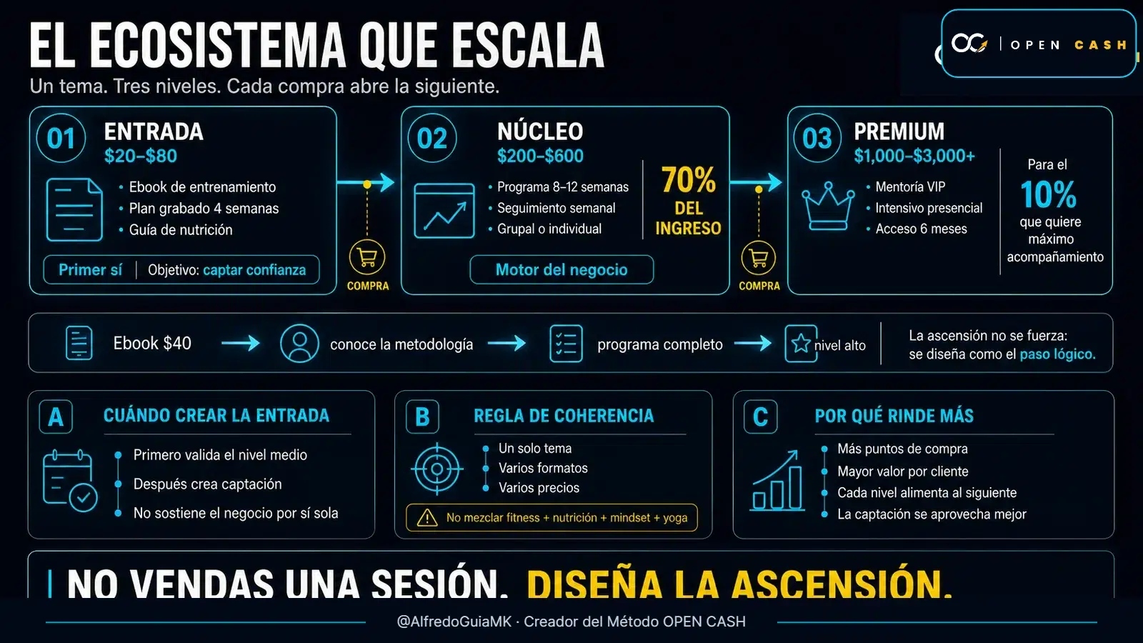 Infografía OPEN CASH con entrada de 20 a 80 dólares, núcleo de 200 a 600 y premium desde 1000 dólares