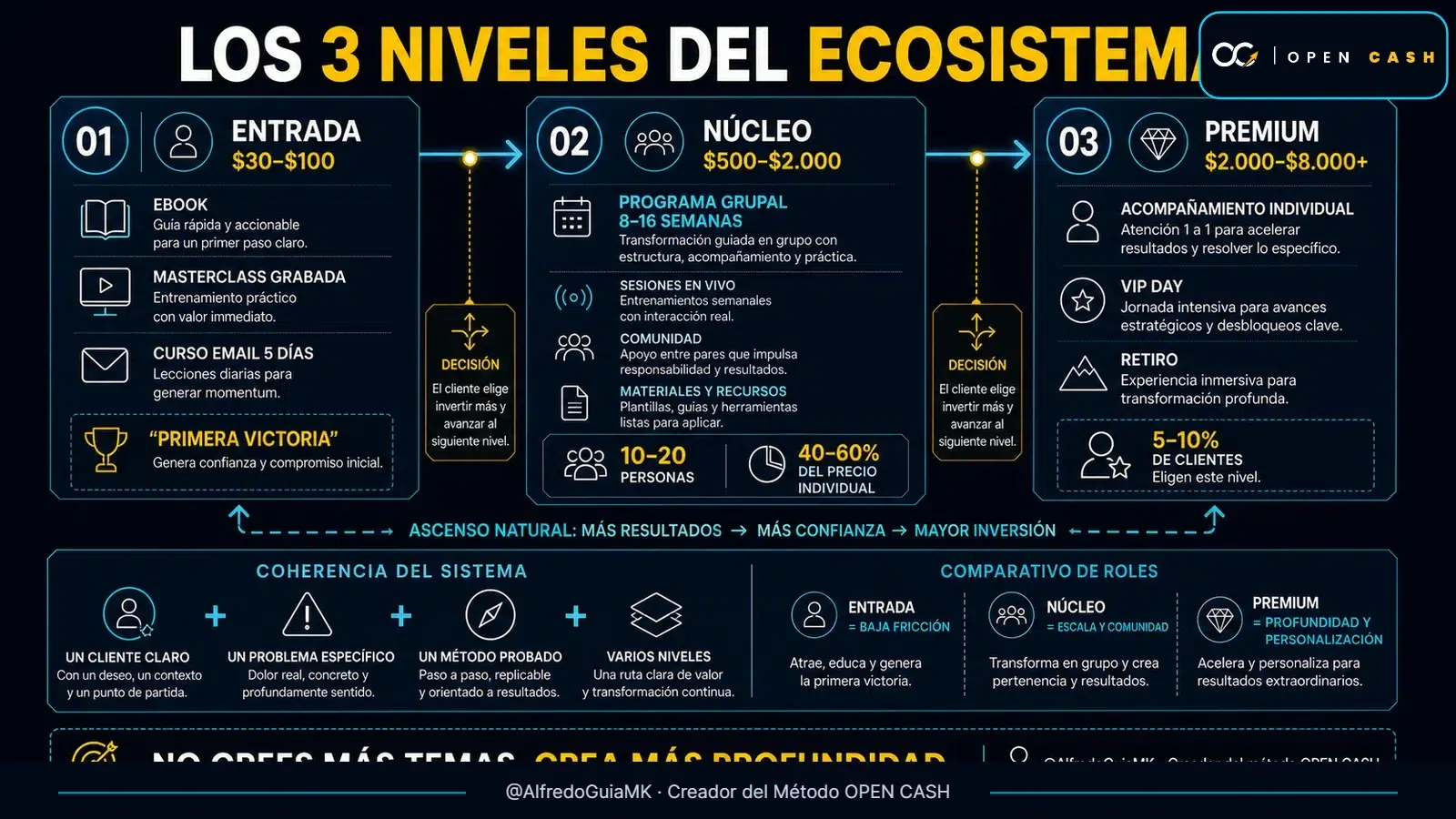 Infografía OPEN CASH con productos de entrada de 30 a 100 dólares, programa núcleo de 500 a 2000 dólares y nivel premium de 2000 a 8000 dólares o más