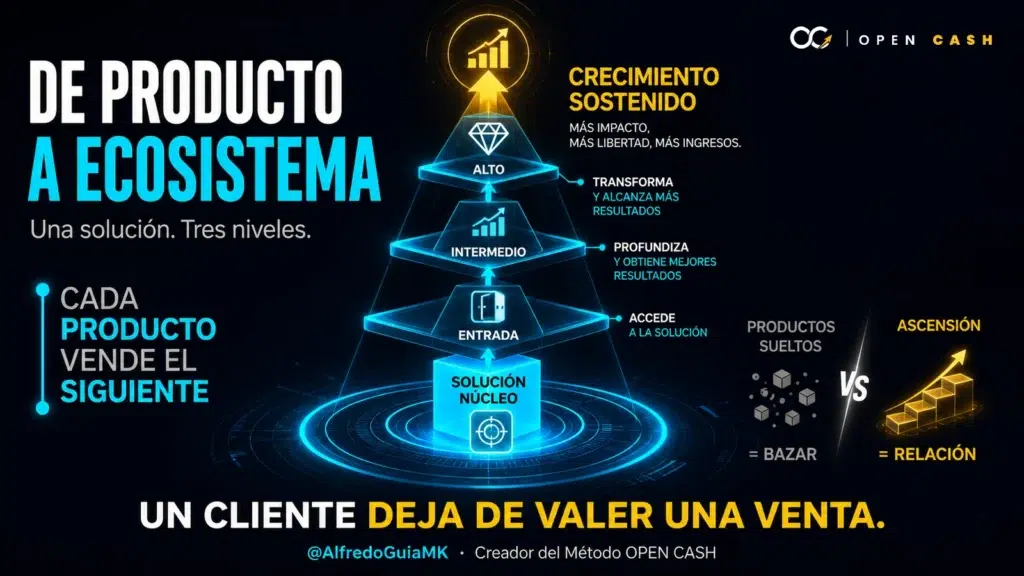 Ecosistema de productos digitales con niveles de entrada, intermedio y alto valor