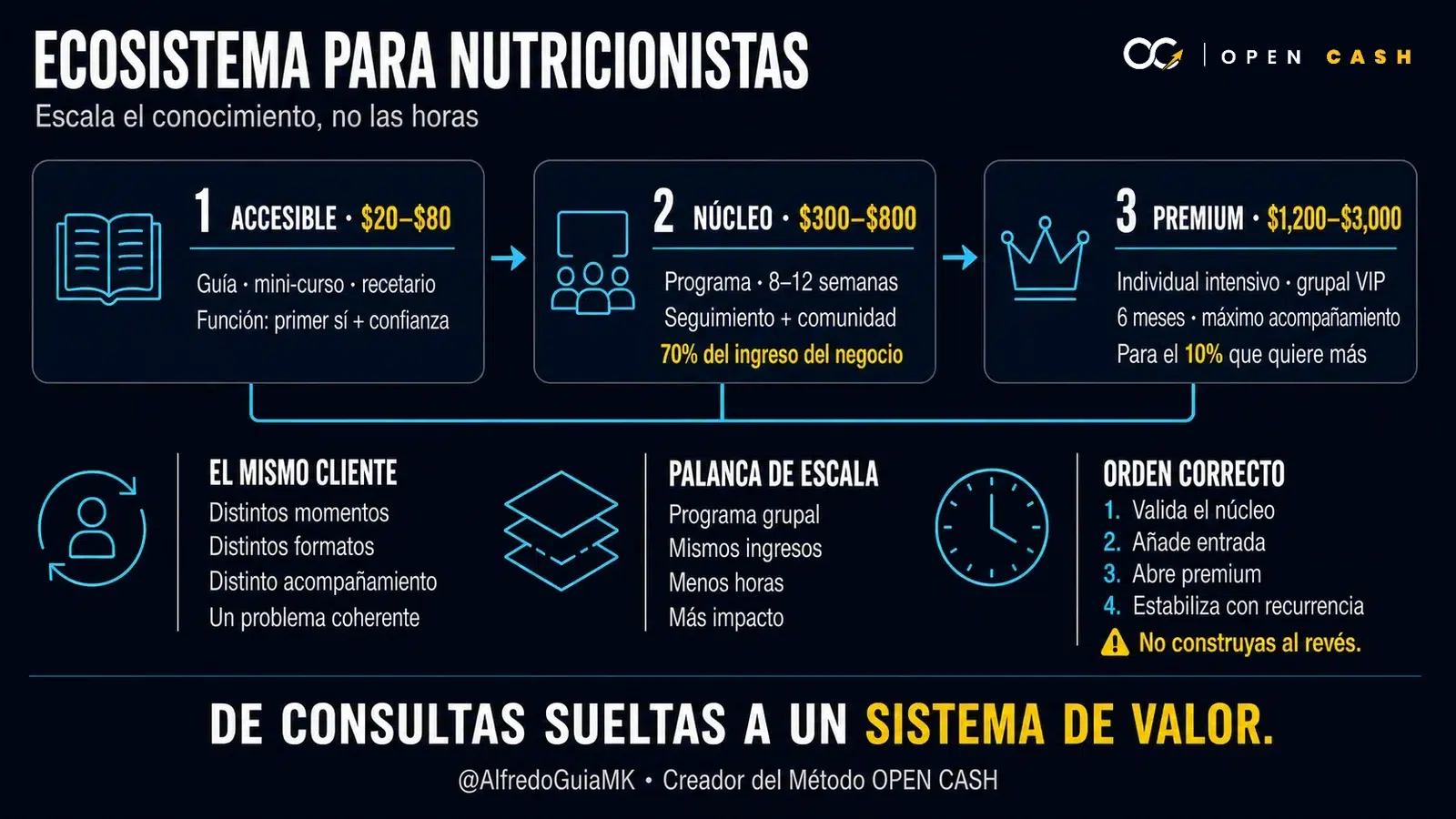 Infografía OPEN CASH con nivel accesible de 20 a 80 dólares, núcleo de 300 a 800 y premium de 1200 a 3000 dólares