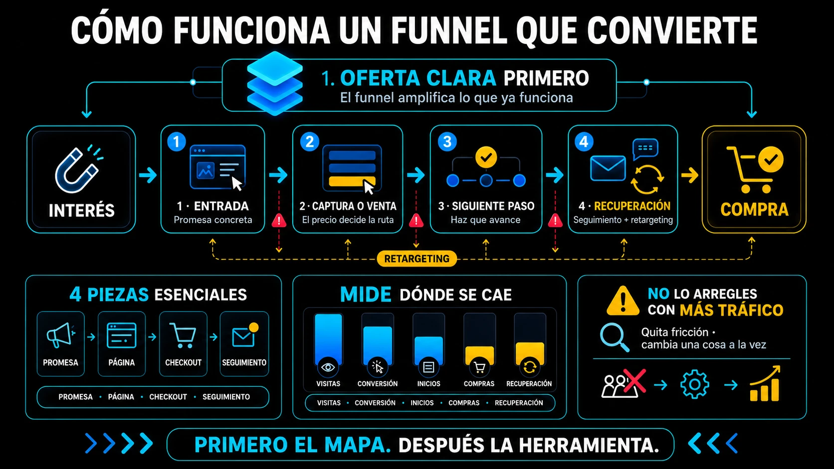 Infografía: cómo funciona un funnel que convierte — la oferta primero, los cuatro pasos, las cuatro piezas esenciales y dónde medir la caída
