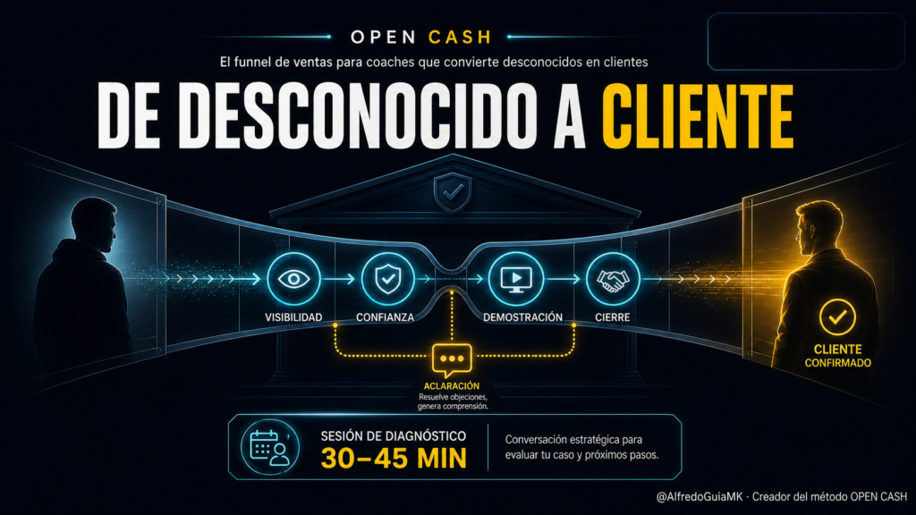 Portada del funnel de ventas para coaches con las fases de visibilidad, confianza, demostración y cierre