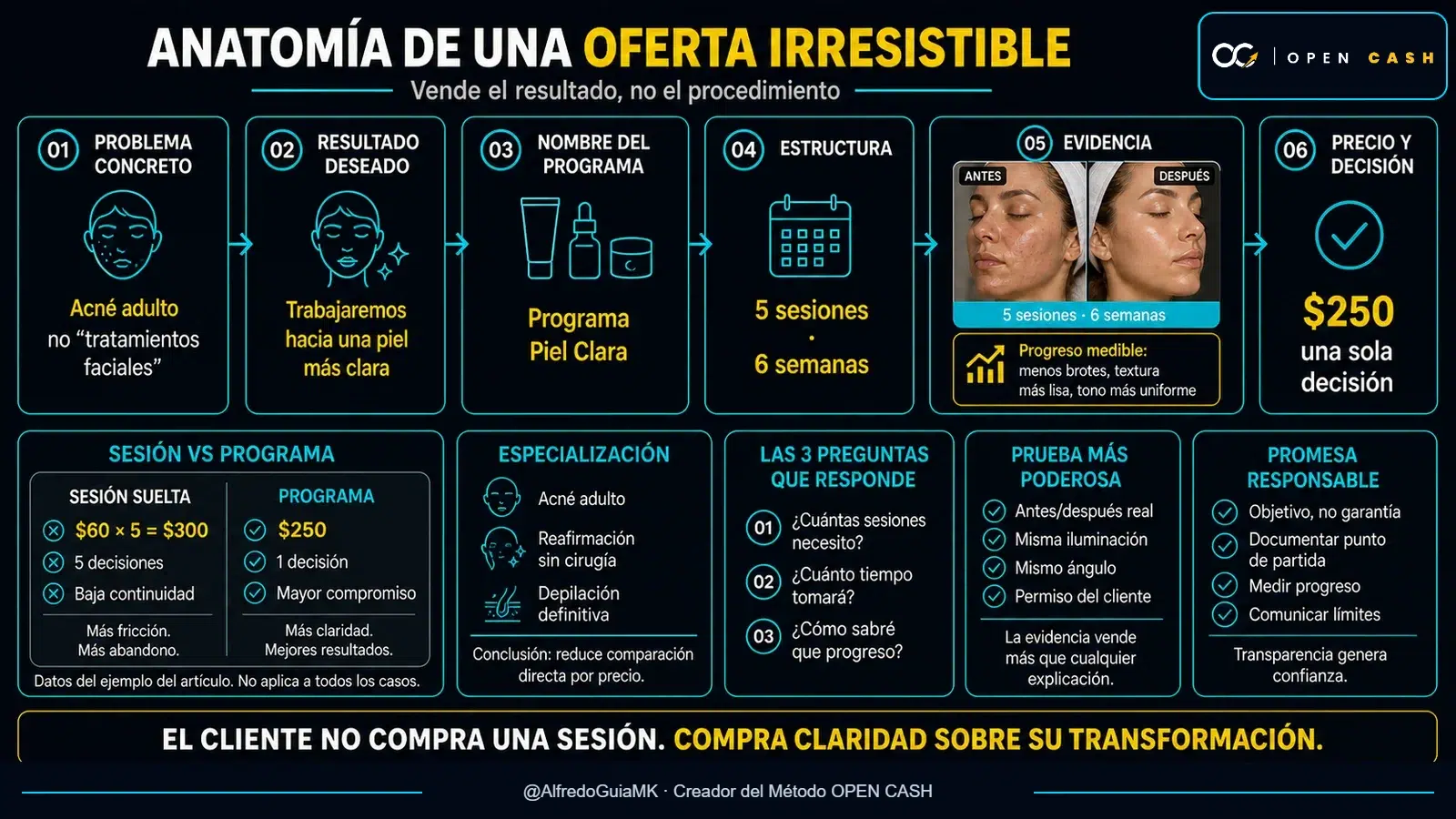Infografía de una oferta irresistible para esteticistas con problema, resultado, programa, evidencia y precio