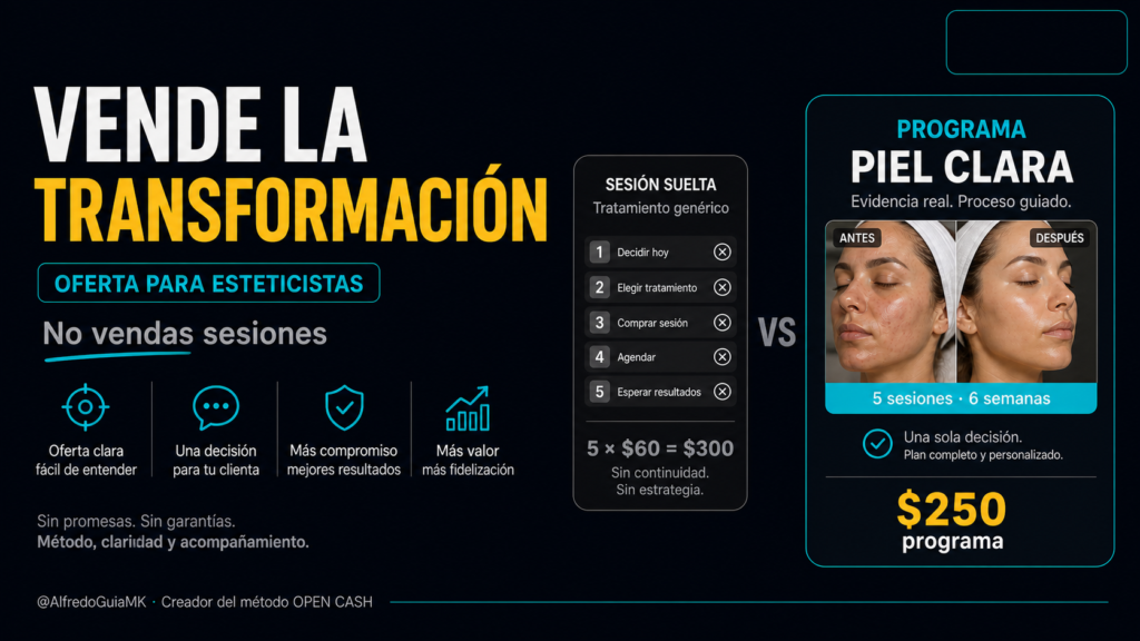 Oferta irresistible para esteticistas que transforma sesiones sueltas en un programa de resultados