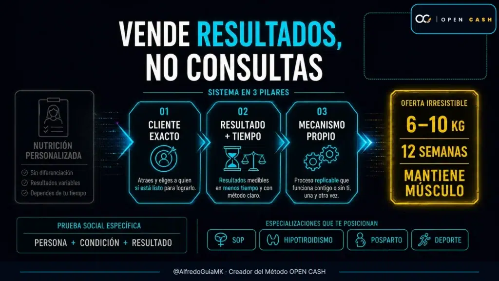 Portada OPEN CASH de oferta irresistible para nutricionistas con cliente exacto, resultado medible y mecanismo propio