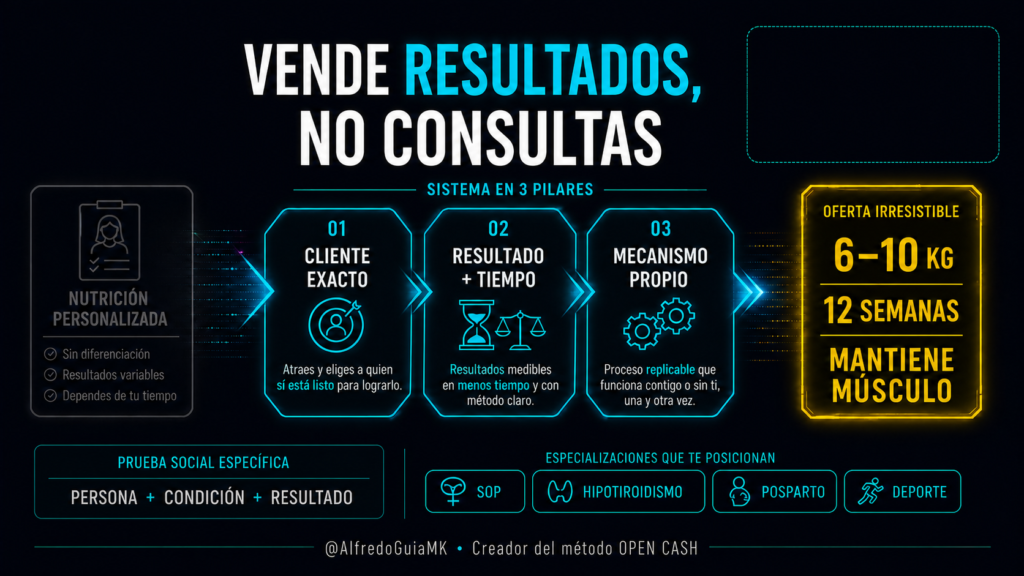 Portada de oferta irresistible para nutricionistas basada en cliente exacto, resultado medible y mecanismo propio