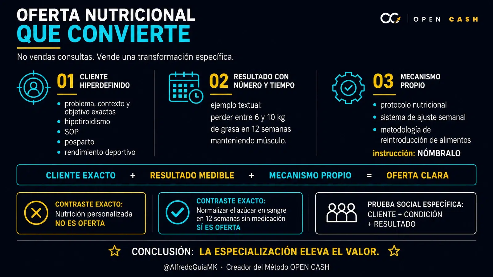 Infografía OPEN CASH con cliente hiperdefinido, resultado medible y mecanismo propio para nutricionistas