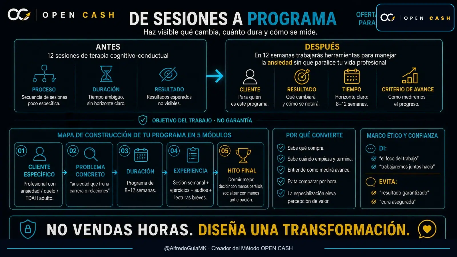 Infografía para transformar sesiones de psicología en un programa con cliente, problema, duración, experiencia e hito final