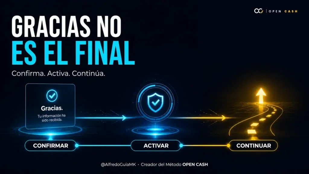 Flujo de una página de gracias optimizada para confirmar, activar y continuar la experiencia del usuario