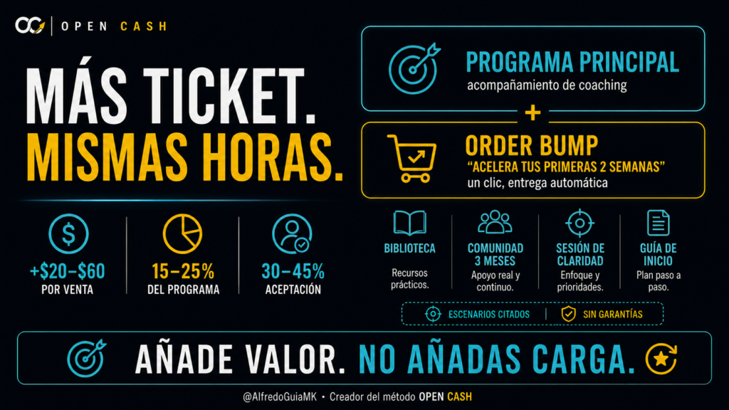 Portada de order bump para coaches con cuatro complementos asíncronos y aumento del ticket