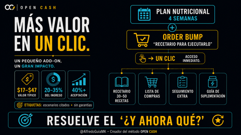 Portada de order bump para nutricionistas con recetario, lista de compras, seguimiento y guía de suplementación
