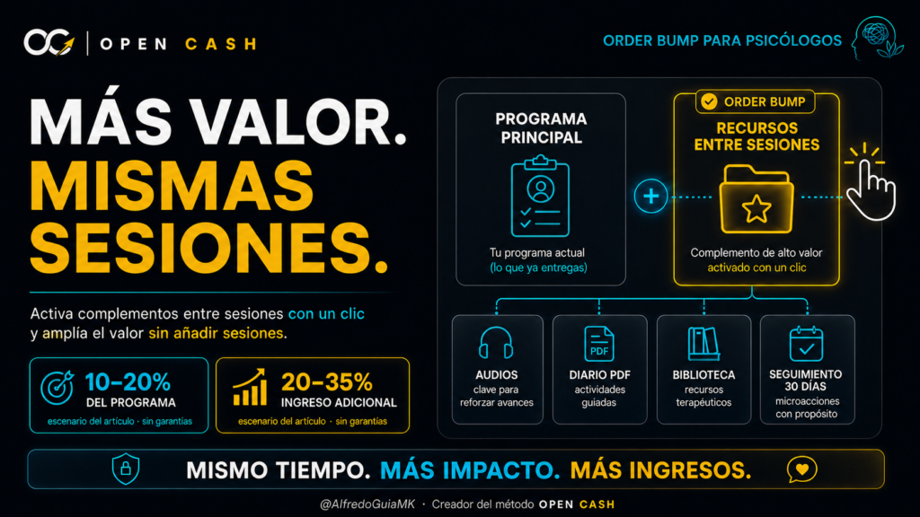 Portada sobre order bump para psicólogos con recursos digitales entre sesiones y precio complementario