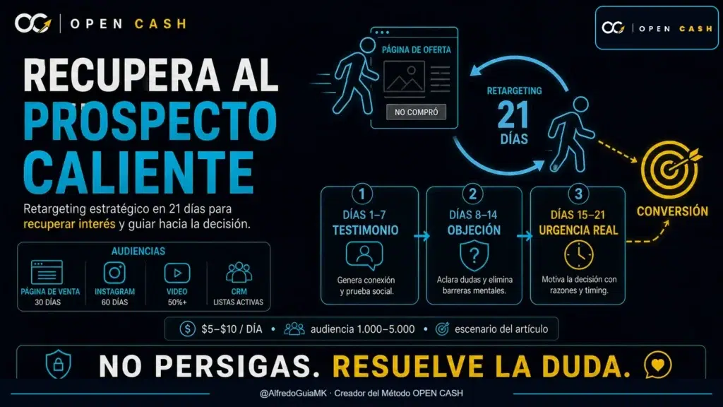 Retargeting para coaches que recupera prospectos calientes con mensajes de testimonio, objeción y decisión