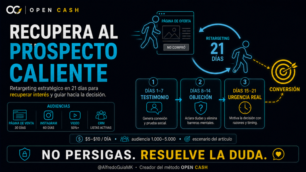 Portada de retargeting para coaches con ciclo de testimonio, objeción y urgencia durante 21 días