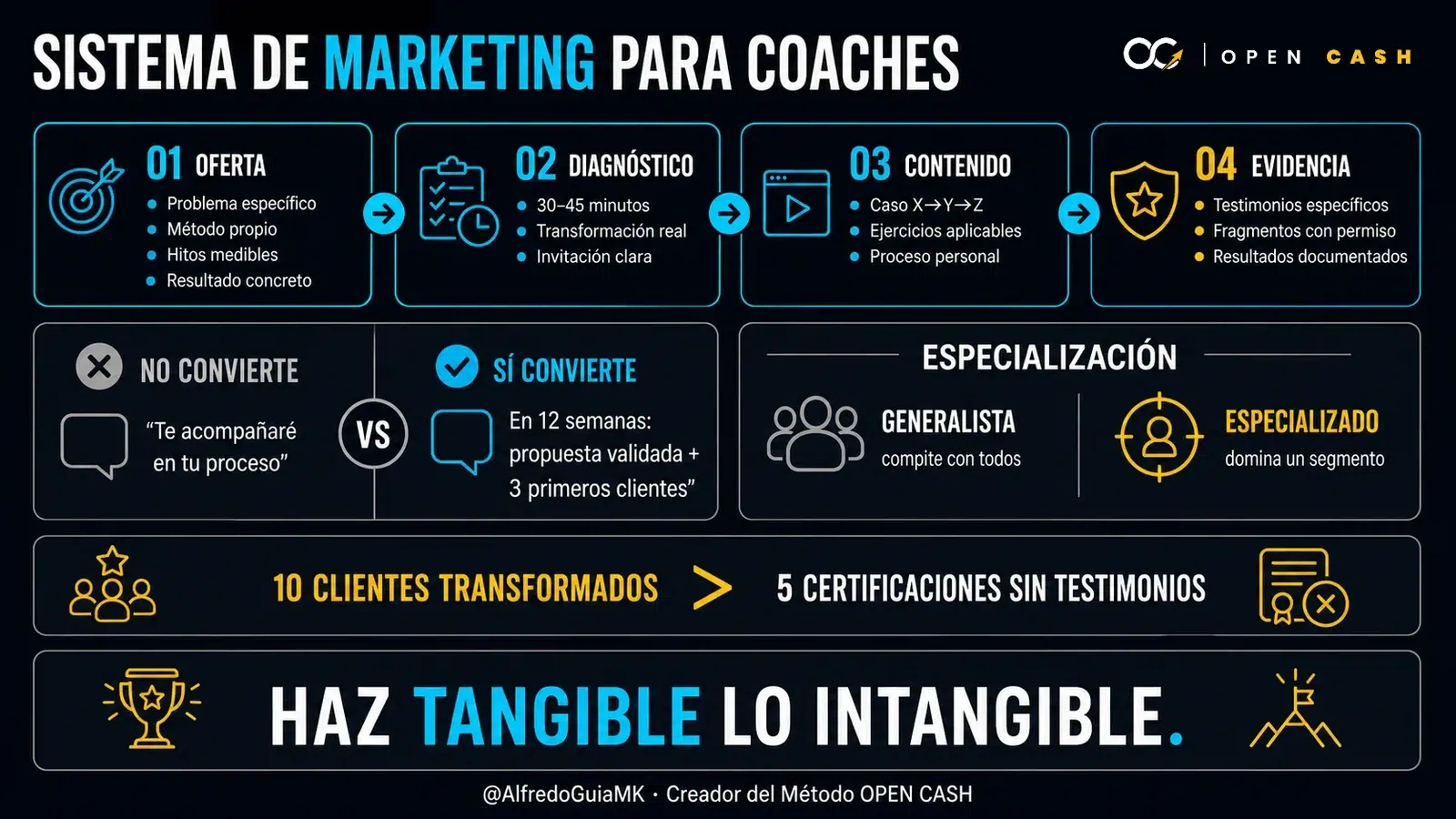 Infografía de marketing para coaches con oferta, diagnóstico, contenido y especialización