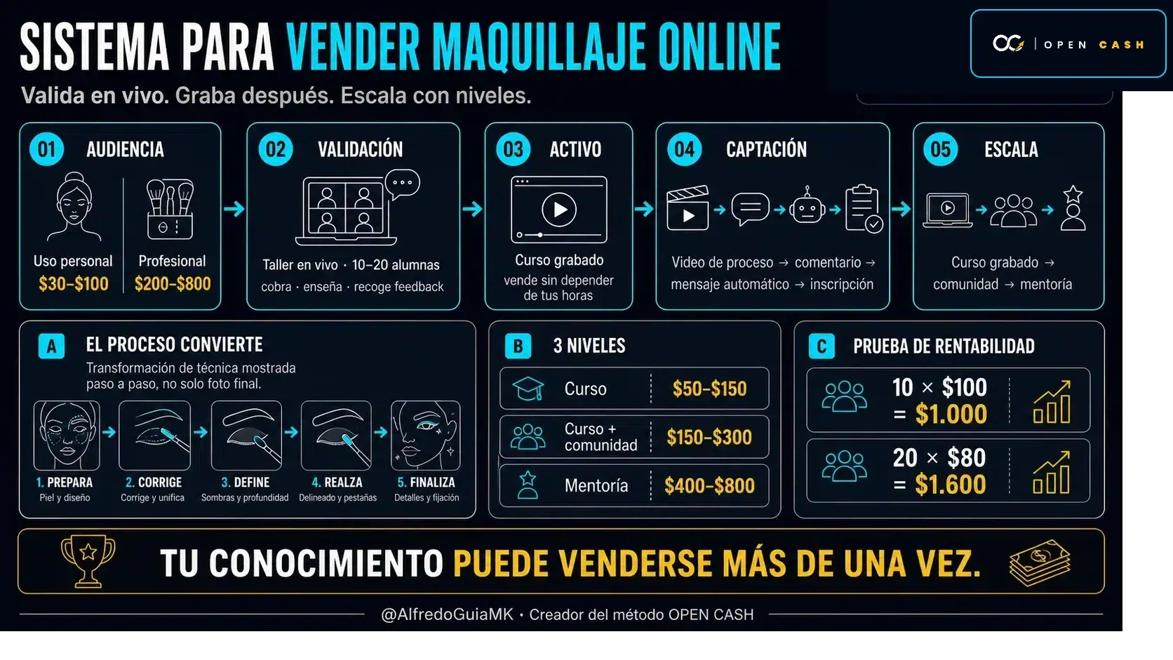 Infografía del sistema para vender cursos de maquillaje online con audiencia, validación, captación y niveles