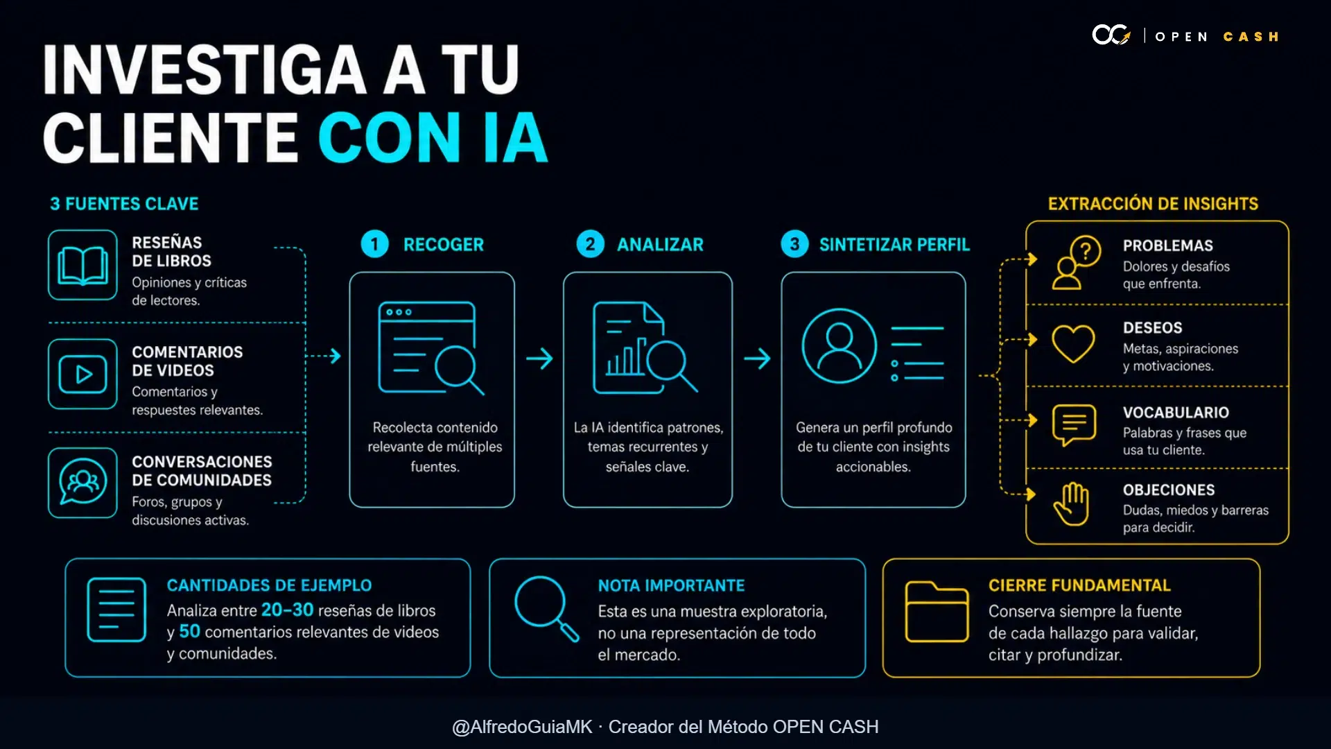 Infografía de fuentes, análisis y síntesis del cliente ideal con IA