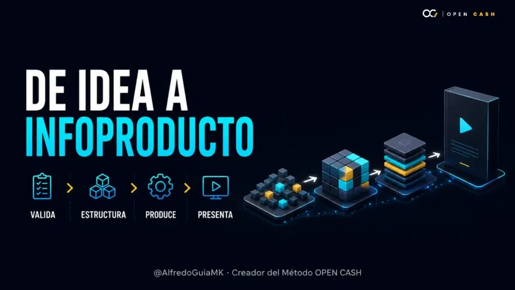 Portada sobre convertir una idea en infoproducto mediante validación, estructura, producción y presentación