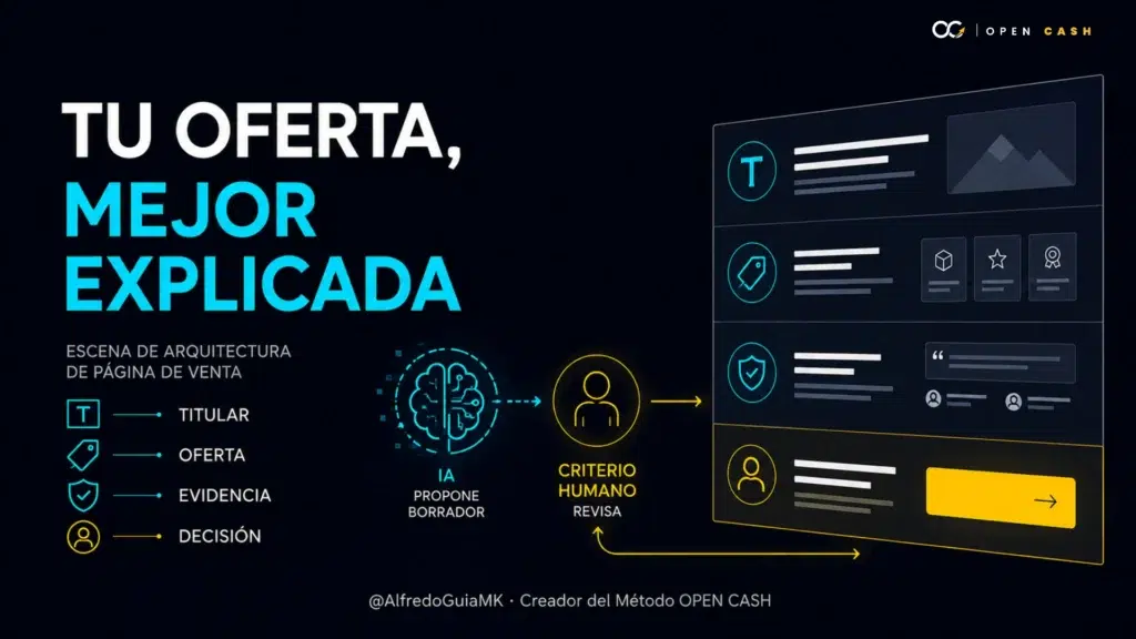 Arquitectura de una página de venta con titular, oferta, evidencia y decisión