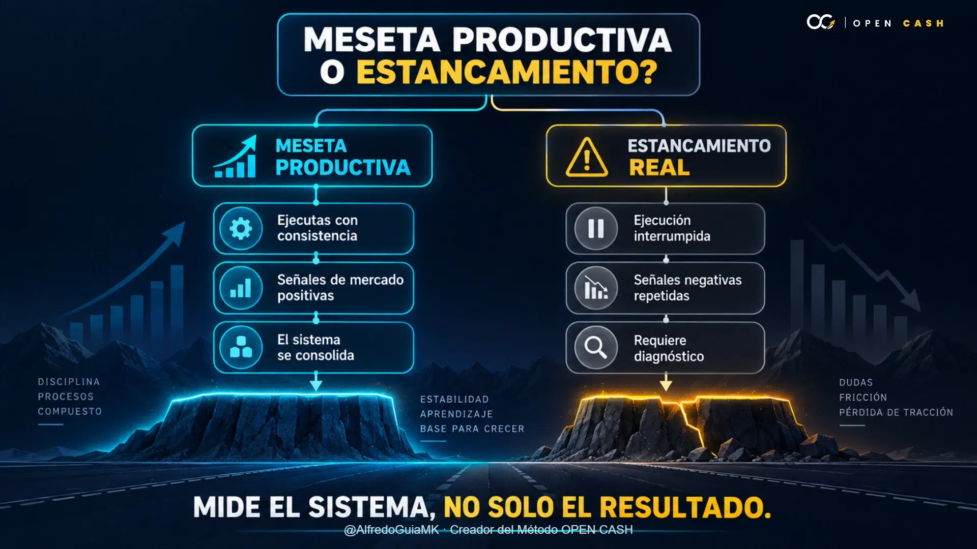 Diagrama comparativo entre una meseta productiva y un estancamiento real en un negocio digital.