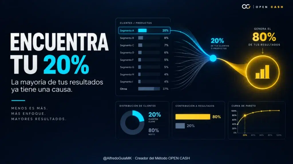 Visual analítico del principio 80/20 aplicado a clientes e ingresos de un negocio digital.