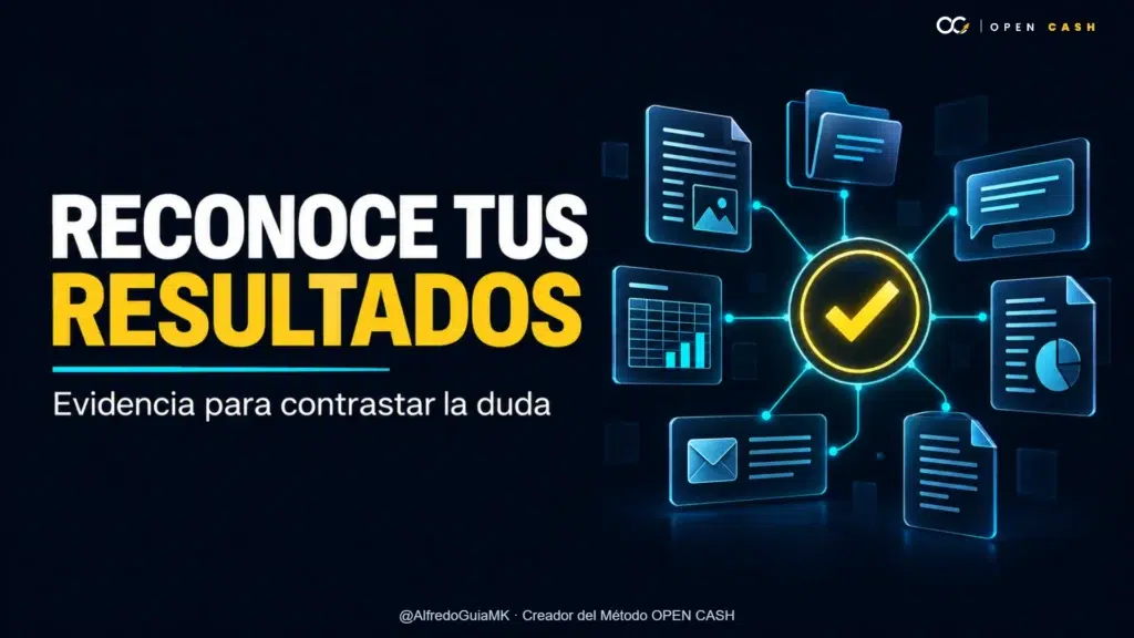Documentos organizados y una marca de verificación acompañan el mensaje Reconoce tus resultados.