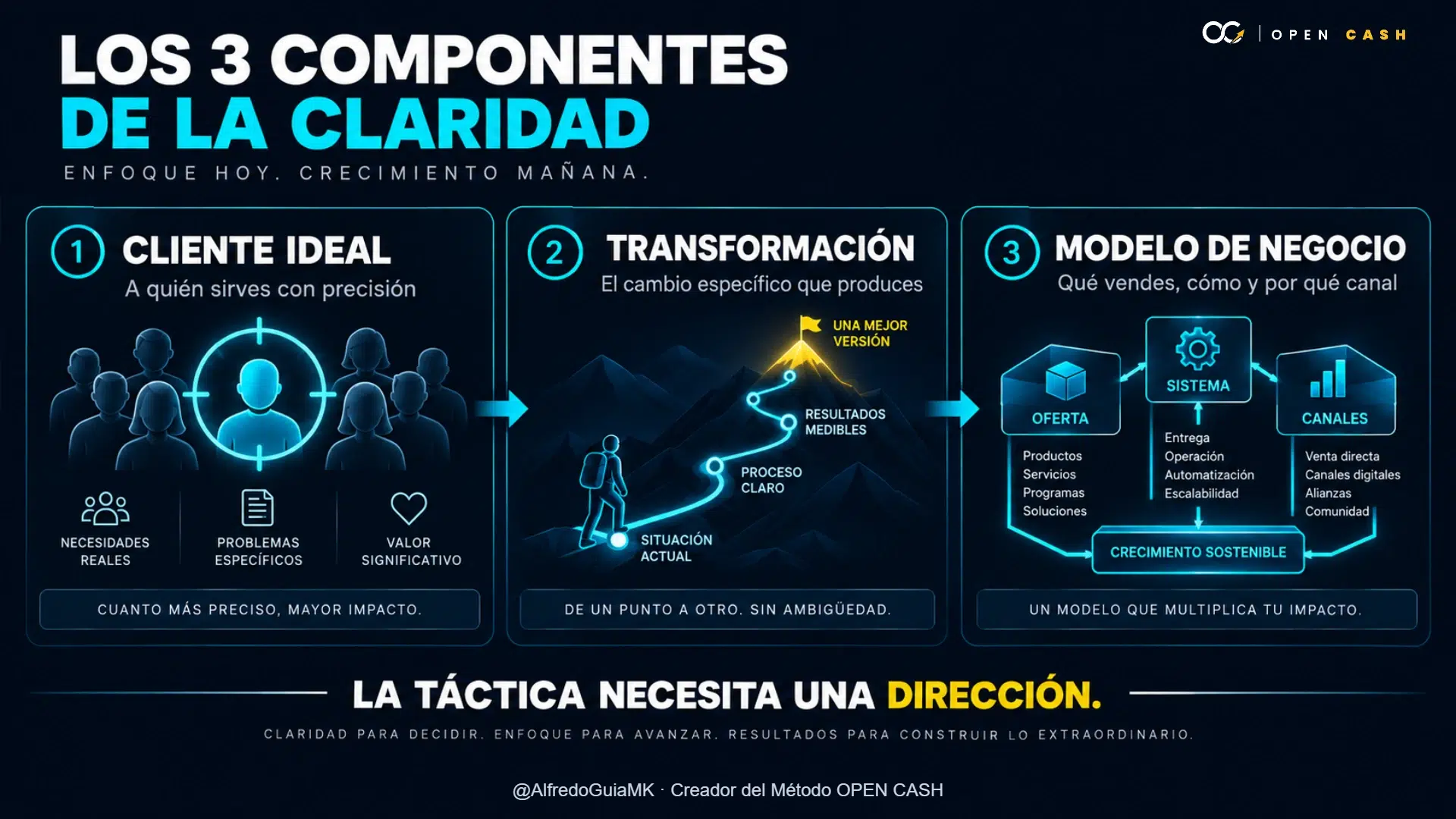 Infografía sobre cliente ideal, transformación específica y modelo de negocio.