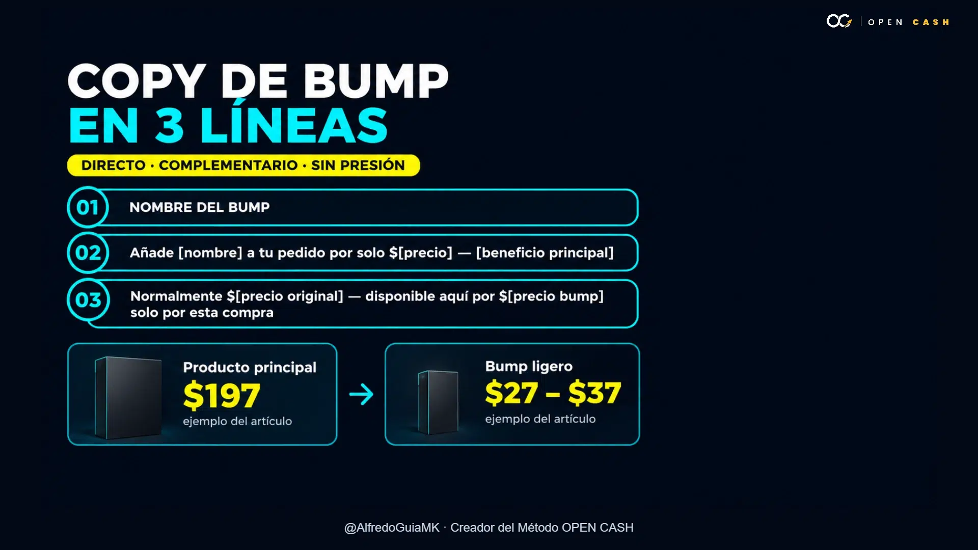 Guía visual para redactar el copy de un order bump con ejemplo de precio