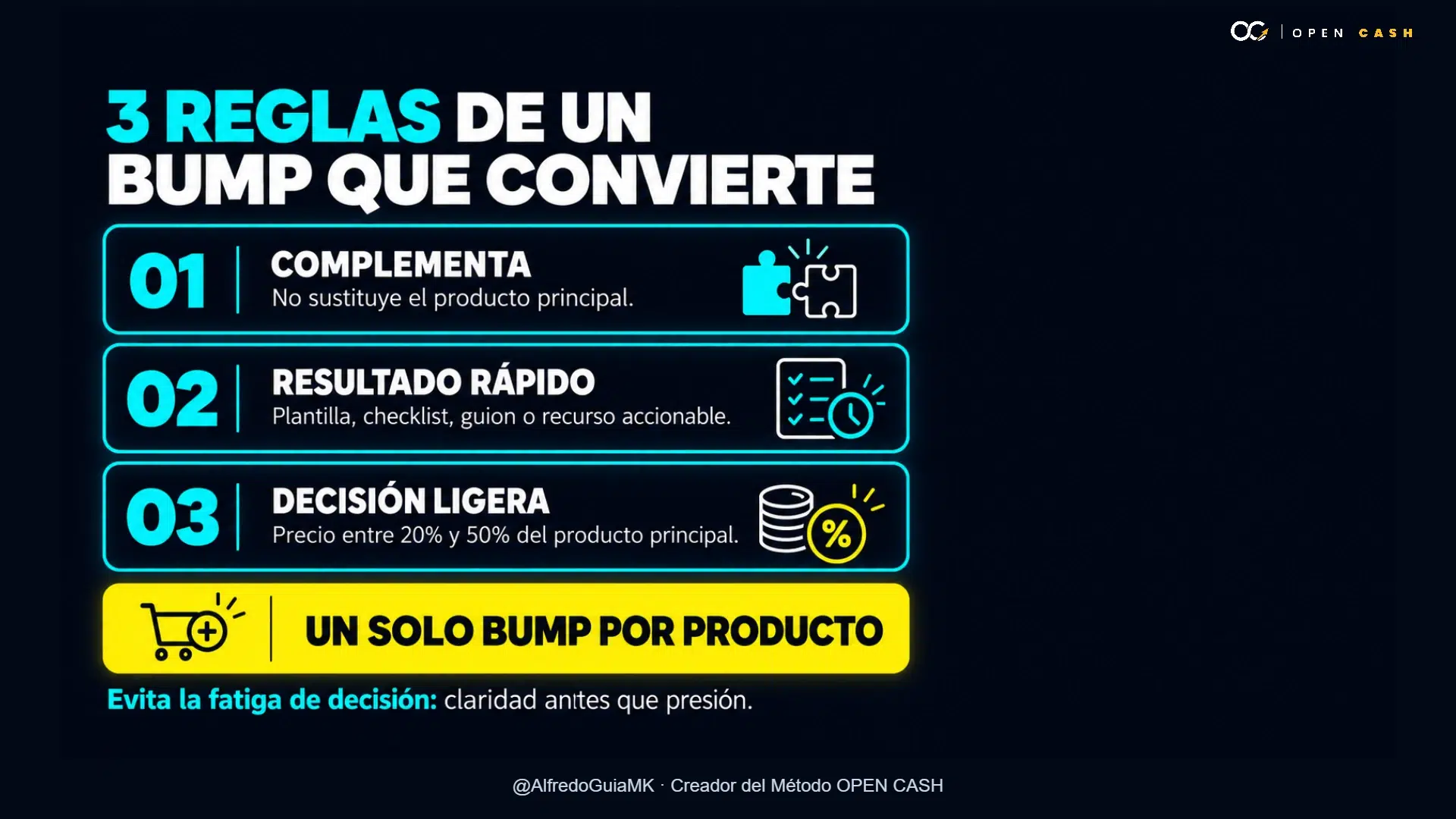 Infografía de reglas para un bump complementario, rápido y de precio ligero