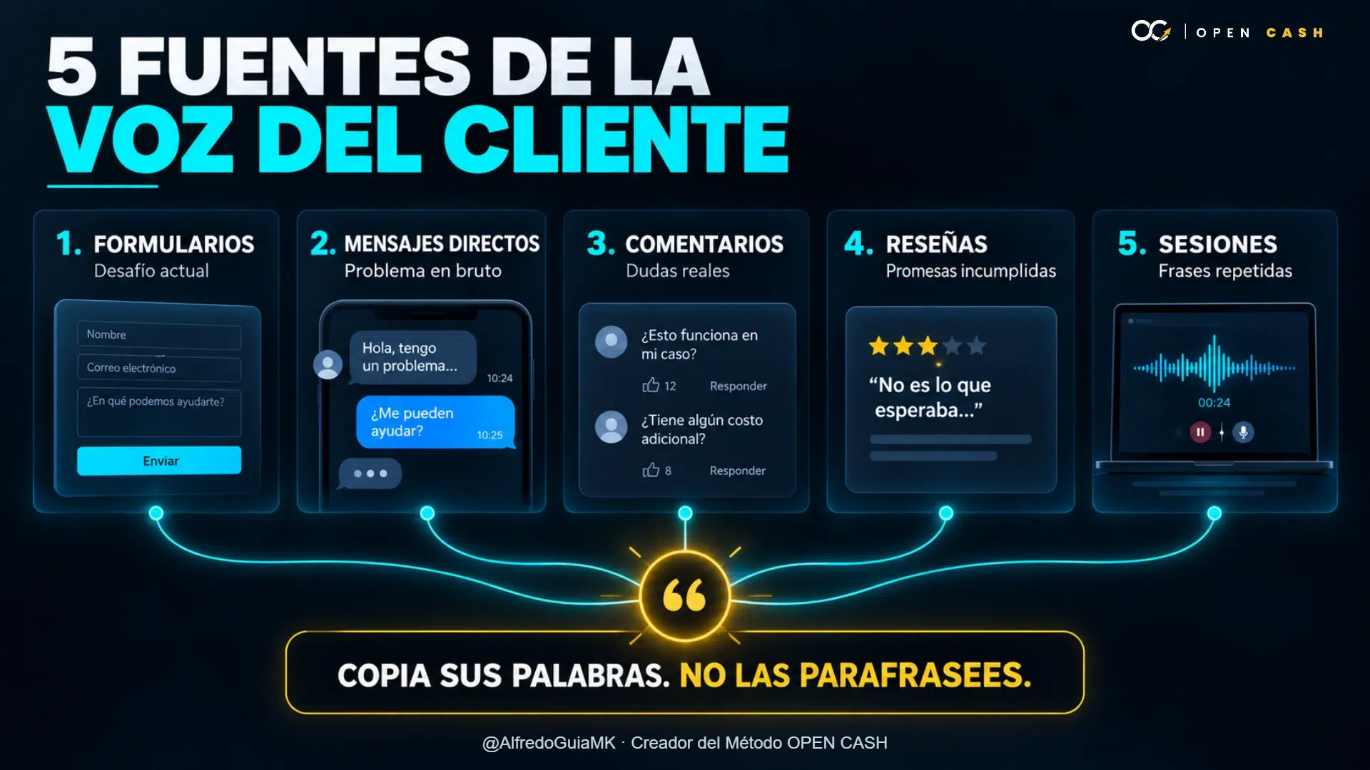 Infografía con formularios, mensajes, comentarios, reseñas y sesiones como fuentes de voz del cliente.